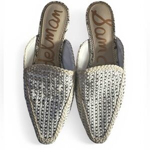 🔥 Sam Edelman Basketweave Mules Snakeskin Trim Size 8 EUC Chic & On-Trend